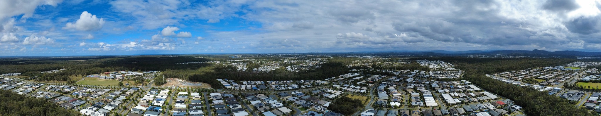 Genuine wide aerial panorama photographed over Coomera on the Gold Coast