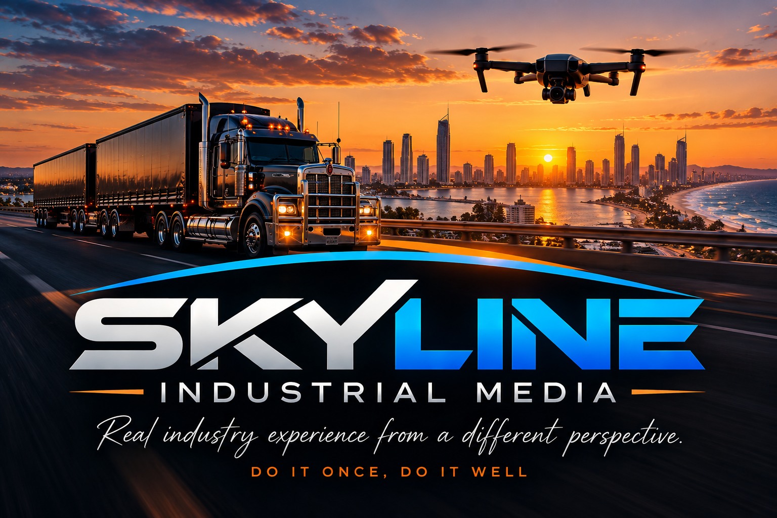 Skyline Industrial Media artwork featuring a B-double truck, drone and Gold Coast skyline at sunset